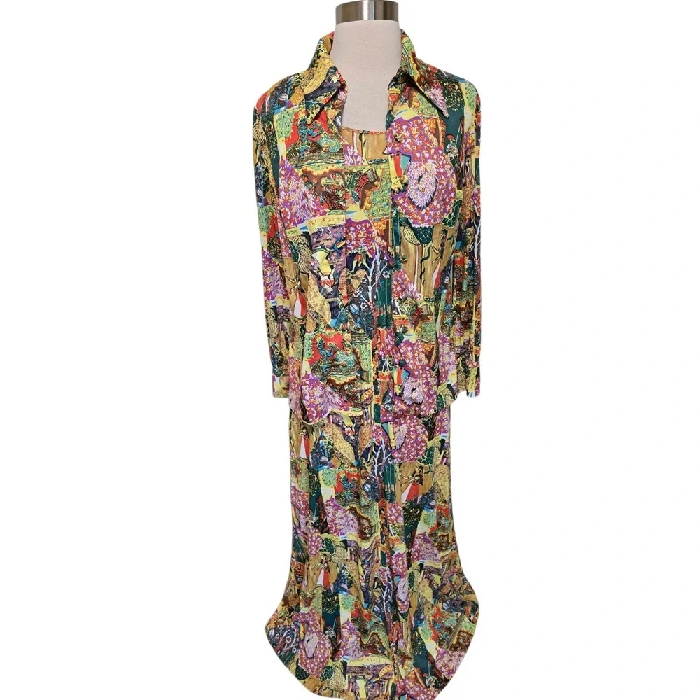 70s Vintage Long Dress Indian Gods Patchwork Print And Matching Shirt Hippie‎